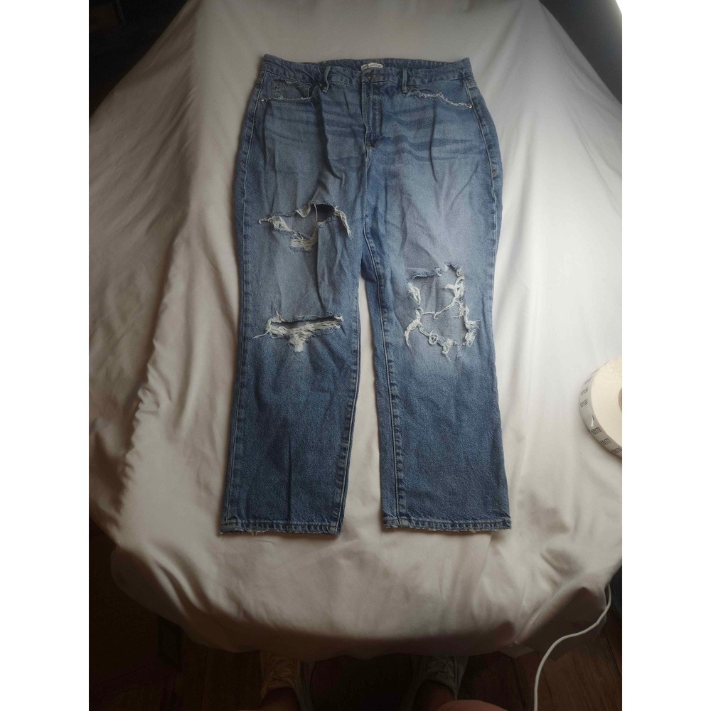 Good American Distressed Straight Leg Jeans Medium Wash Size 15 Raw Hem Womens